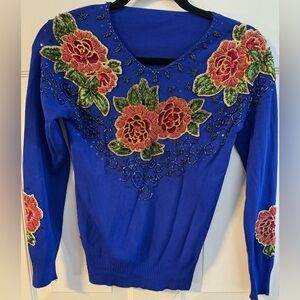 Vintage Sequin Beaded Embroidered Granny Sweater V-Neck 80’s Sparkle Fancy XS